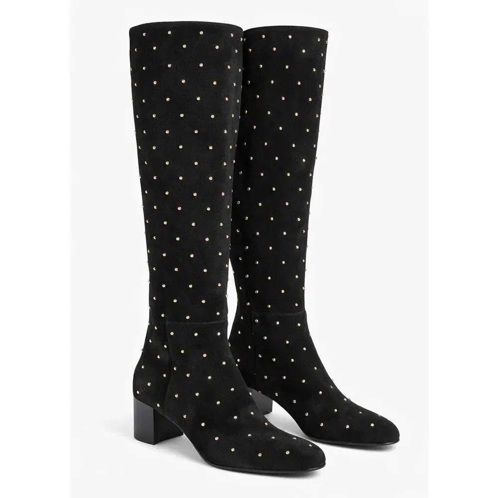 NEW Madewell Black Suede Studded Tall Boots Gold Stud Knee High Boots 7